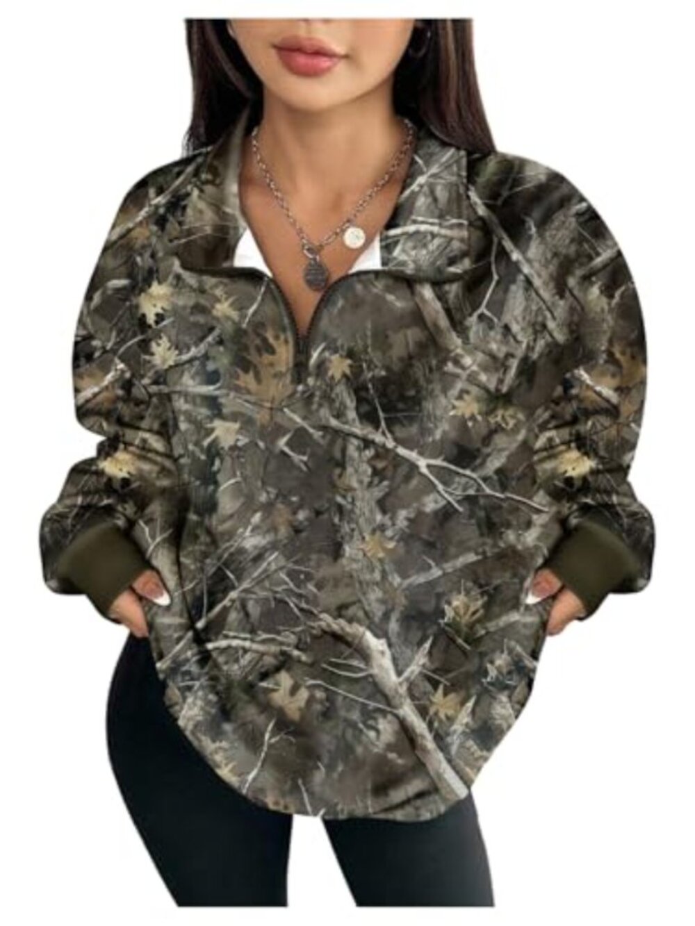 Camo Quarter Zip Pullover Sweatshirt Long Sleeve Streetwear Top
